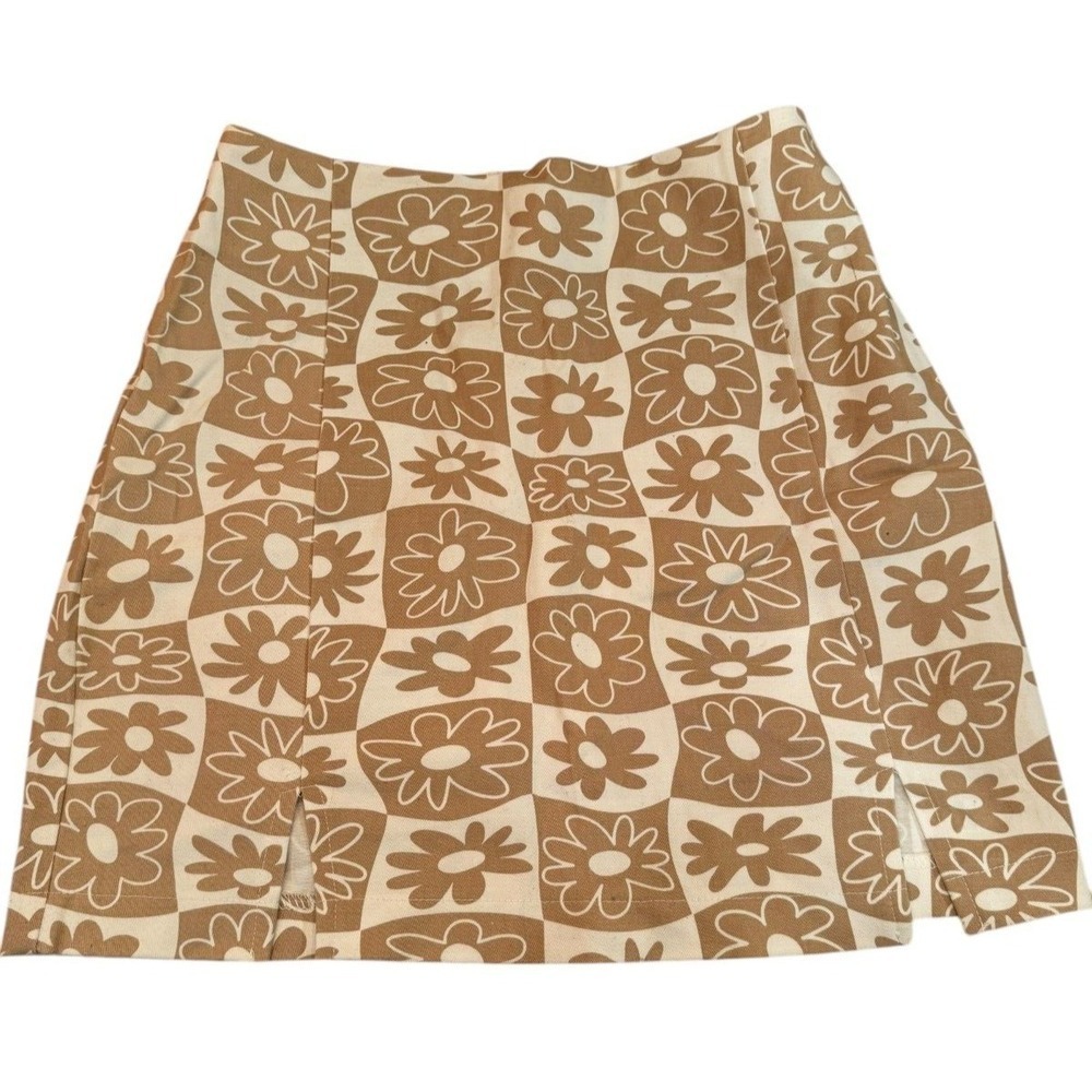 Love On A Hanger Mini Skirt Brown Floral Print‎ Checkered size 7 retro cotton